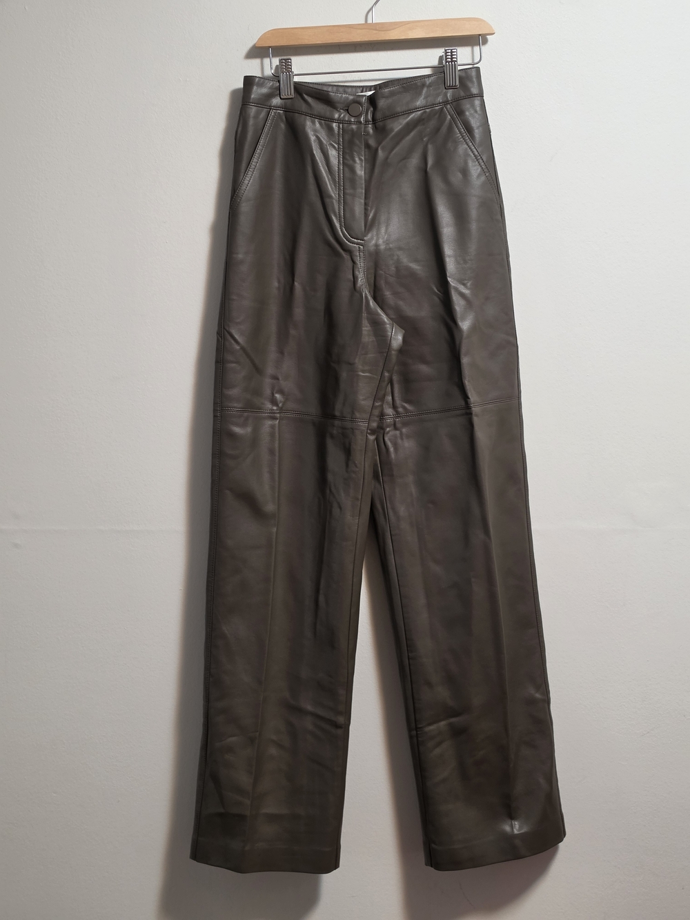 OAK + FORT Men's Dark Olive Brown Leather Wide-Leg Pants